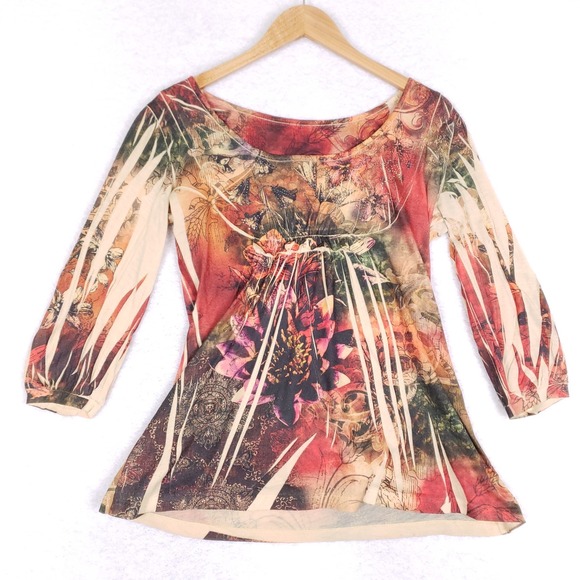 Boho Artistic Print Tunic Top Medium Floral Surreal Y2K Earthcore Festival - Picture 1 of 9
